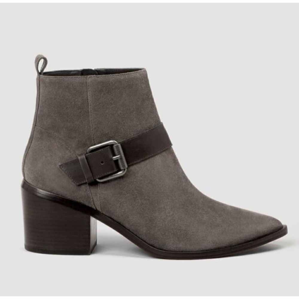 AllSaints Jason Taupe Suede Buckle Ankle Boots Pointed Toe Block Heel Size 39.5
